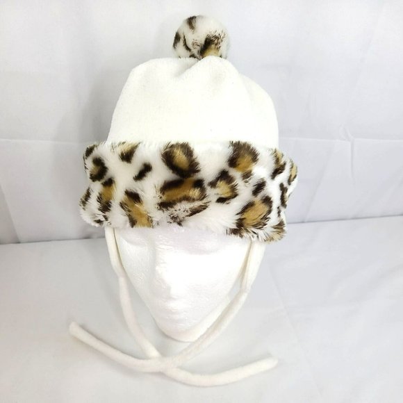 Unbranded Other - EUC Animal Leopard Print Youth 2-4T Trapper Beanie Cap Hat Ivory Earflap Tie